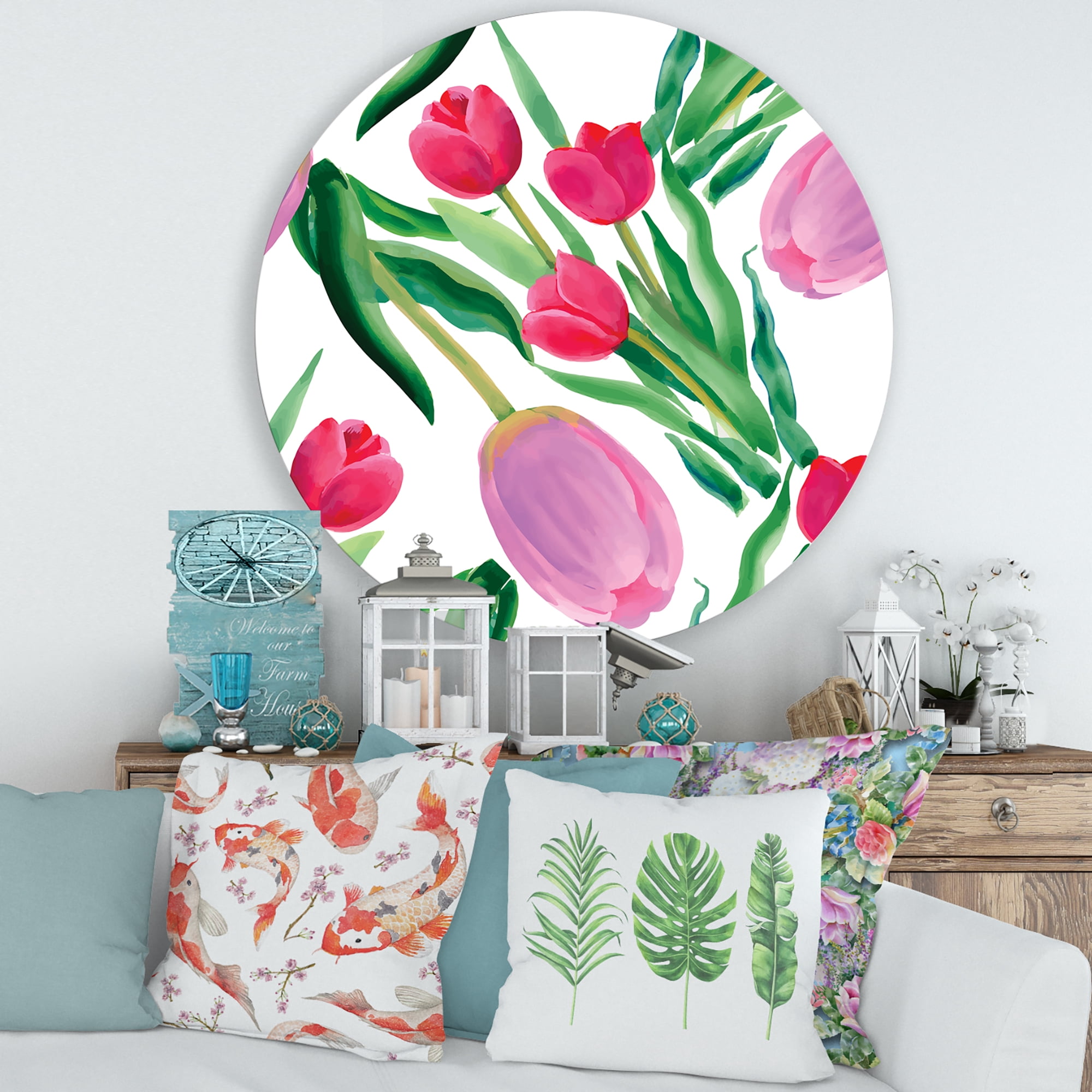 Designart 'Blooming Beautiful Pink Tulips Flowers On White' Traditional Circle Metal Wall Art 36x36 - Disc of 36