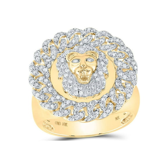 10kt Yellow Gold Mens Round Diamond Lion Cuban Link Circle Ring 7/8 Cttw
