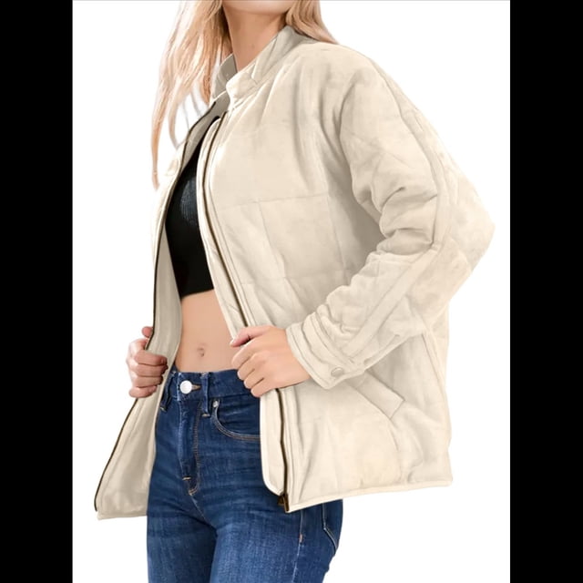 Chaquetas Acolchadas para Mujer, Informales, de Cuello Alto, Larga, Abrigos de Invierno Extragrandes con Cremallera Cremoso XL
