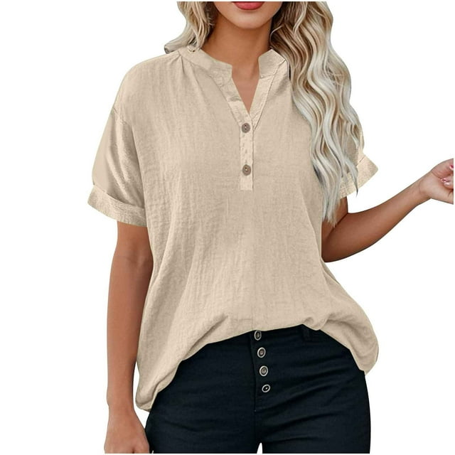ShomPort Womens Linen Tops Summer Casual Button Down V Neck Tops Short Sleeve Casual Vacation Workout Clothes