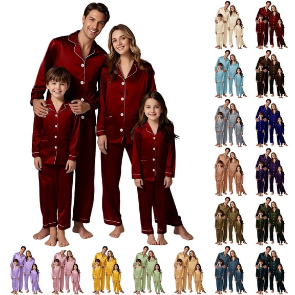 YWMJI Matching Family Satin Pajama Sets Men's Satin Silk Pajamas Set Long Sleeve Loungewear Sleepwear Button Down Silky Loungewear Classic Sleepwear Notch Collar Lounge Sets with Pockets Beige L