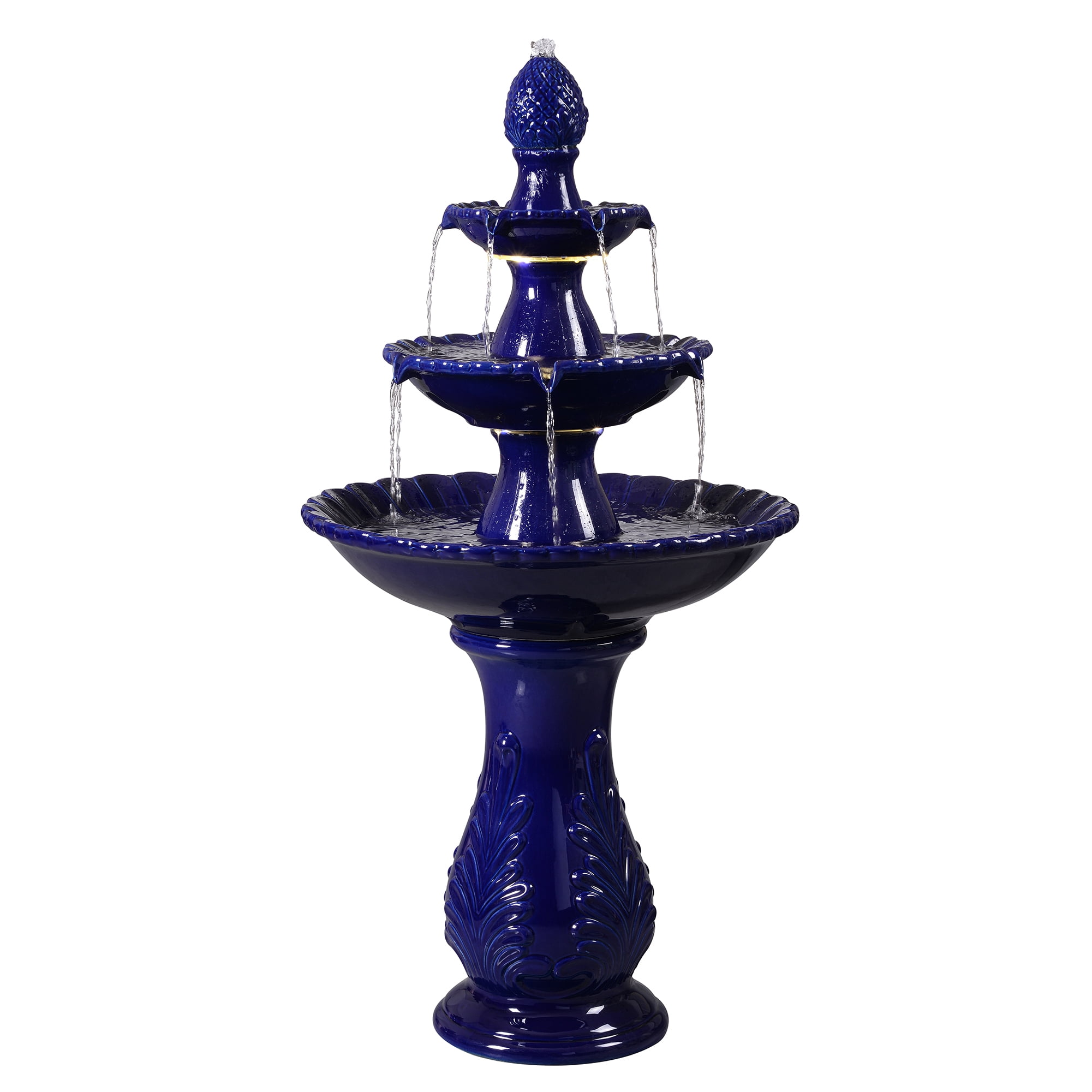 3-Tier Dark Blue Ceramic Fountain, Decorative Water Fountain with LED Lights and Quiet Pump, Indoor Outdoor Water Feature for Patio, Garden, Deck, Balcony, Office and Home Décor