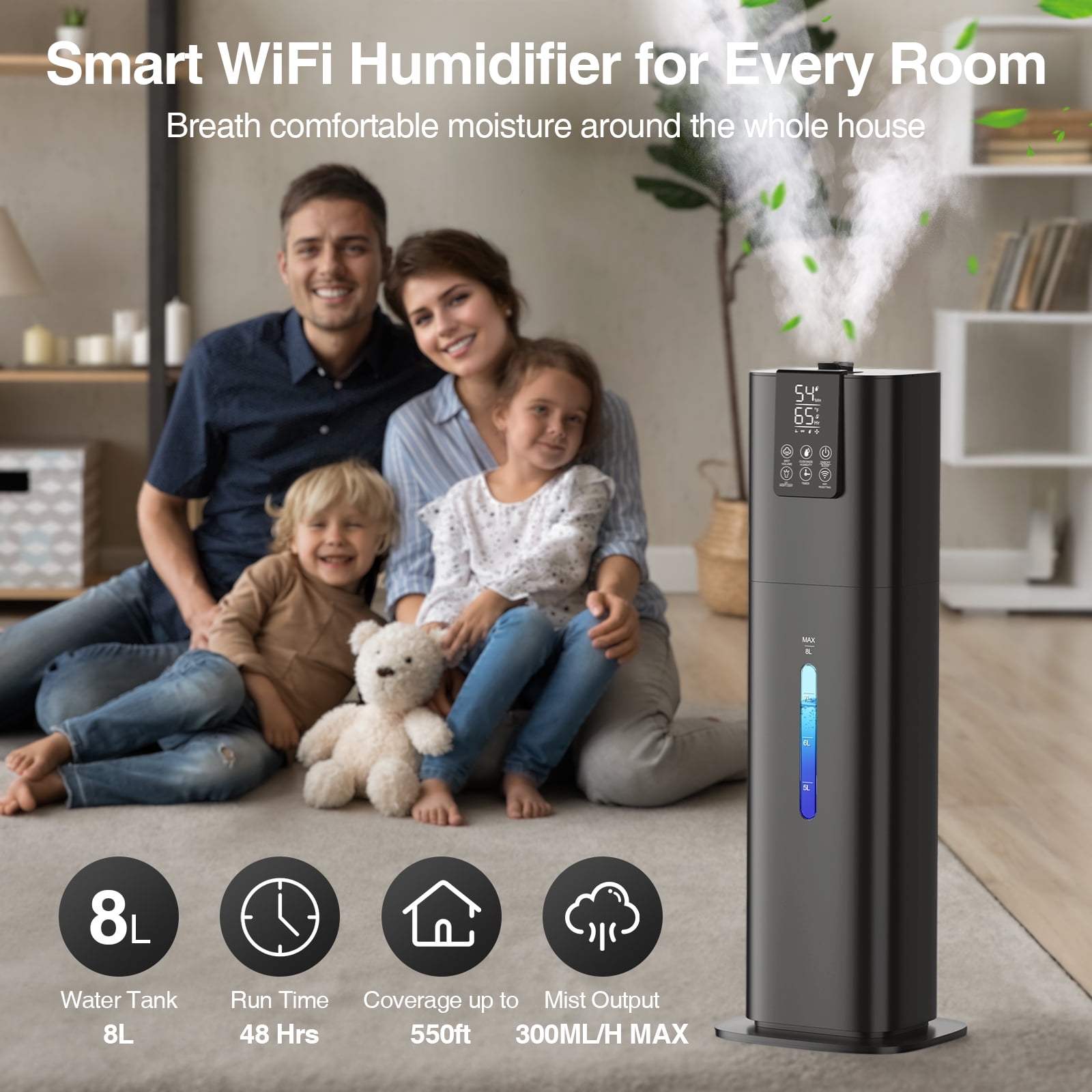 Smart Humidifiers Large Room Bedroom Home, 2.11Gal(8L) Quiet Top Fill Cool Mist Humidifier, Smart App & Remote Control, 3 Speed Humidifier with 360° Nozzle, Humidity Setting for Baby Office