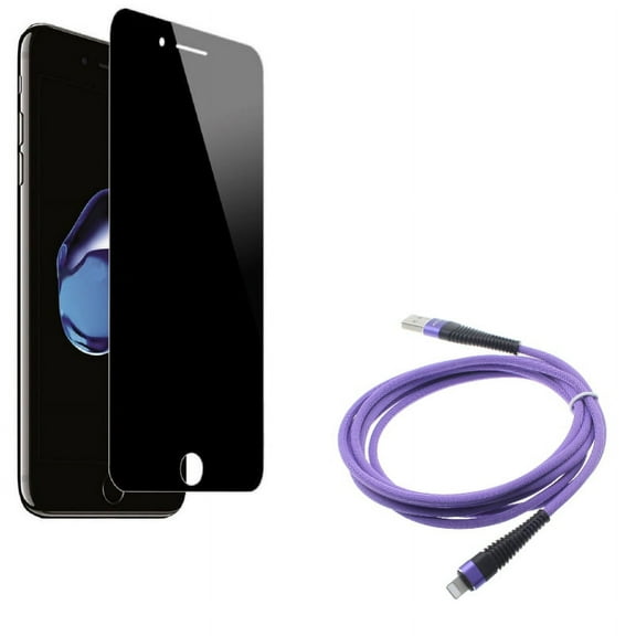iPhone 8/7/6S/6 - Purple 10ft USB Cable w Tempered Glass Privacy Screen Protector - Charger Cord Power Wire Braided Long, Curved Anti-Spy Anti-Peep 3D Edge Case Friendly for iPhone 8/7/6S/6