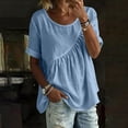 thumbnail image 2 of Loopsun Women Summer Tops Round Neck Short Sleeve Gathered Waist Linen Loose Blouse, 2 of 5