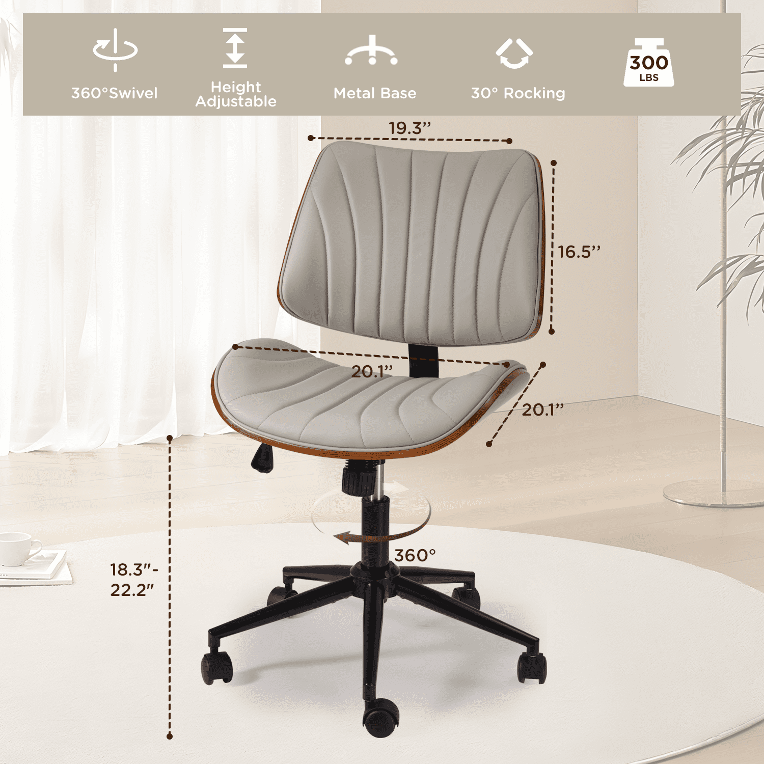 Erinnyees Wooden Office Desk Chair, Modern Armless Chairs, Armless, Adjustable Height, with Swivel Wheels for Small Spaces, Gray