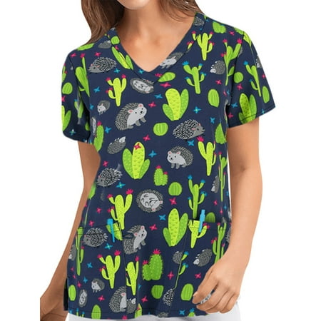 

Bomotoo Womens Cartoon Print Scrubs Tops Casual Tunic Shirts Ladies Short Sleeve Workwear Nursing Tops Shirt
