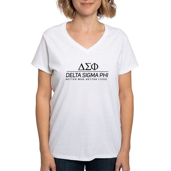 CafePress - Delta Sigma Phi Black Stacked Logo T Shirt - Womens Cotton V-Neck T-shirt