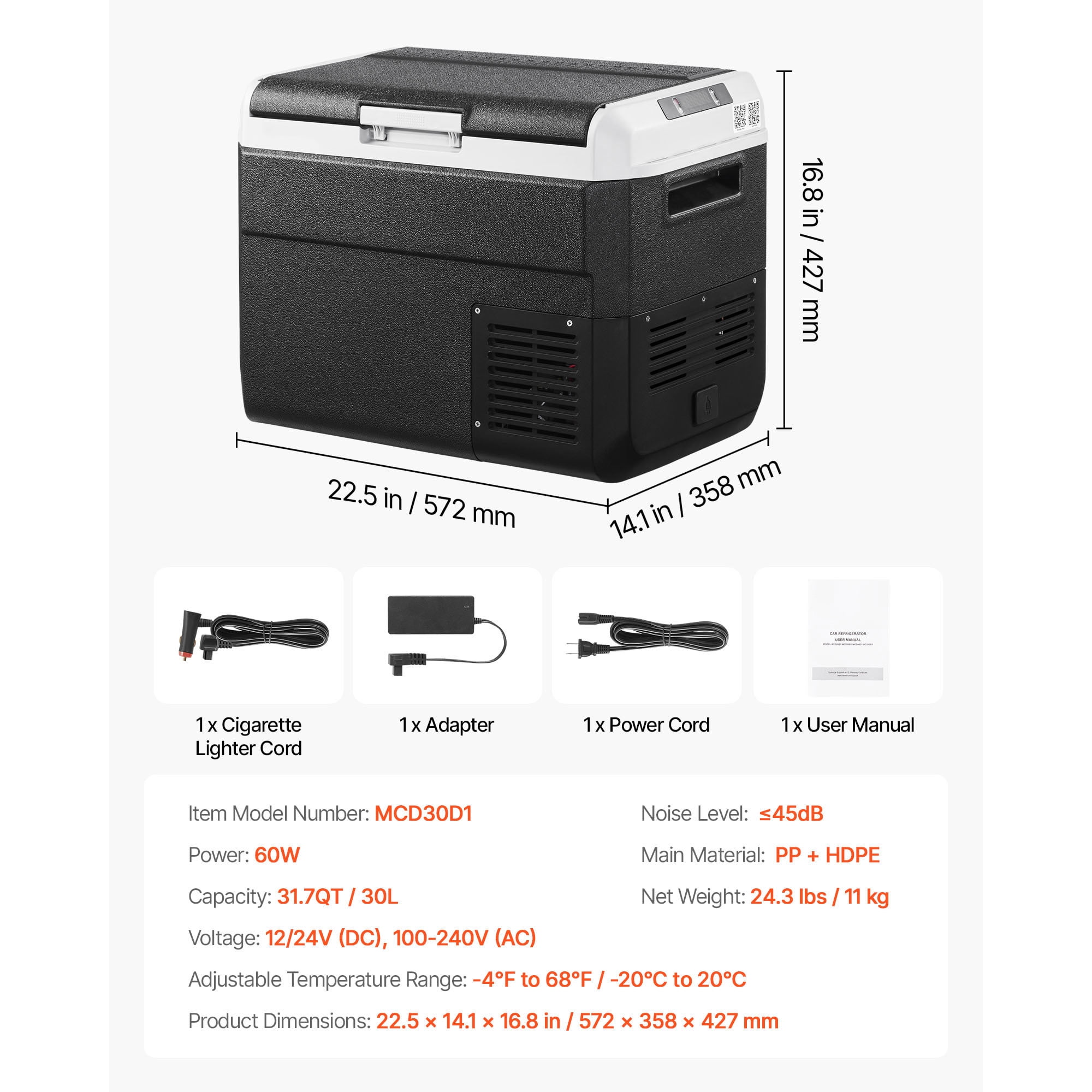 KFFKFF 12V Portable Car Refrigerator, 31.7QT/30L Electric Cooler with Adjustable Temperature Range -4℉ to 68℉, Dual Power Options for Outdoor Adventures, Camping, Travel, and RV Use