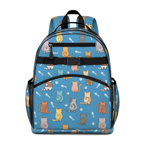 Cat Butt and Fishbone Blue Pattern Cute School Backpack Bag for School with Padded Back and Adjustable Shoulder Straps 15.25"x11.5"x5.25"