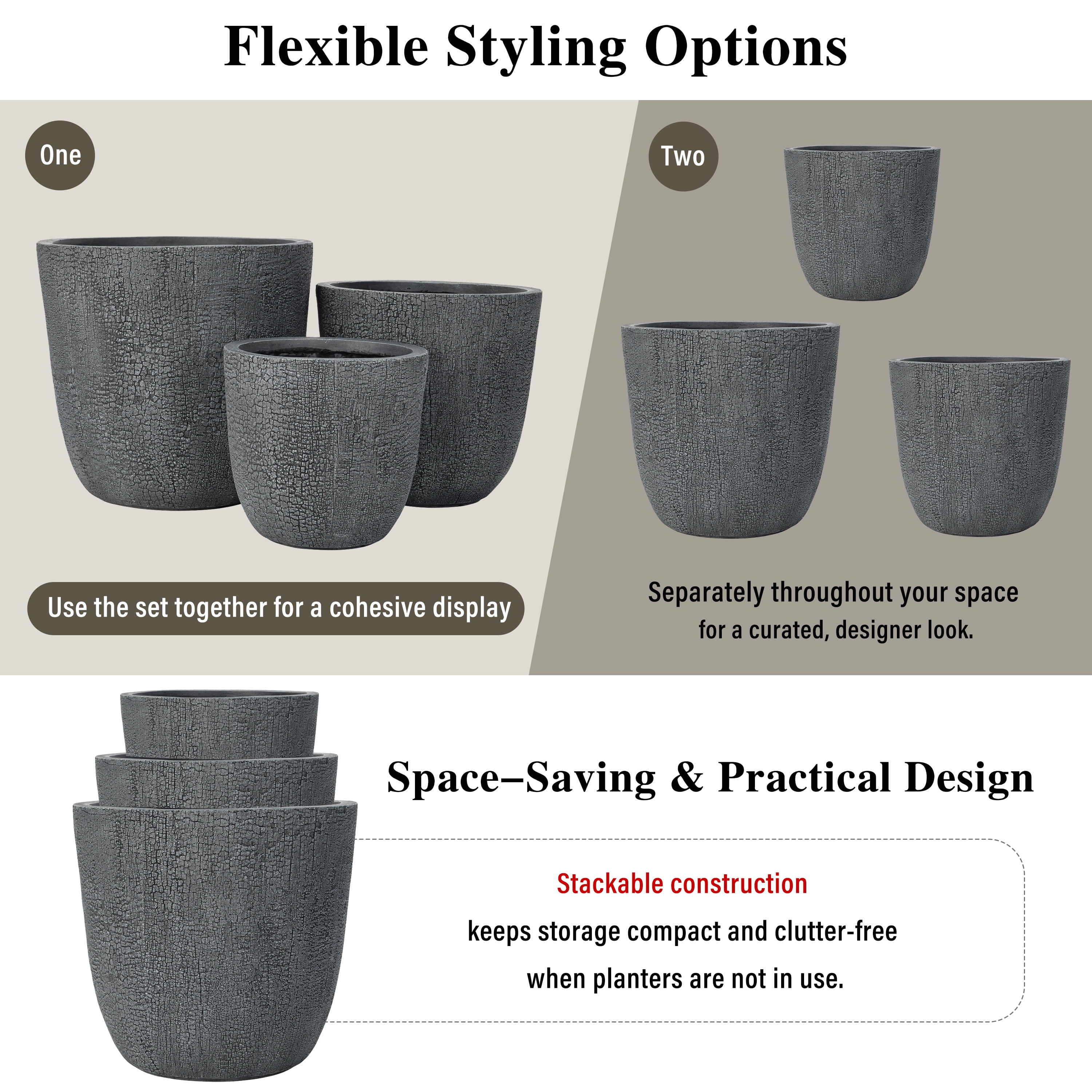 Harper & Bright Designs 3 Pieces Outdoor Concrete Planter Set, Patio Flower Pots Stone-Look Textured with Drainage Holes and Rubber Plug for Garden Poolside, Gray