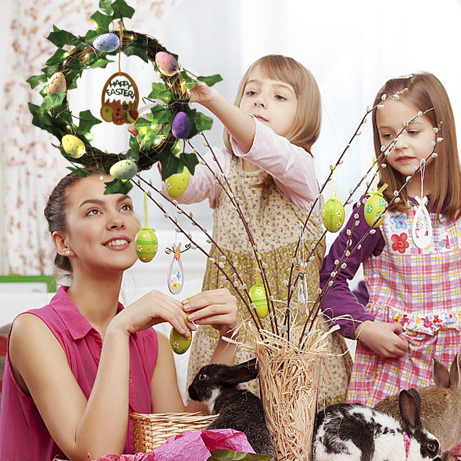Light Up Easter Wreath with Remote, Battery Operated DIY Paint Your Own Easter Egg & Bunny Rabbits Wreath for Door Spring Holiday Decor