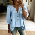 thumbnail image 2 of Women's V Neck 3/4 Sleeve Tops Casual Summer T Shirts Loose Fit Button Vacation Blouses Tops by Yigetop Sky Blue XL, 2 of 6