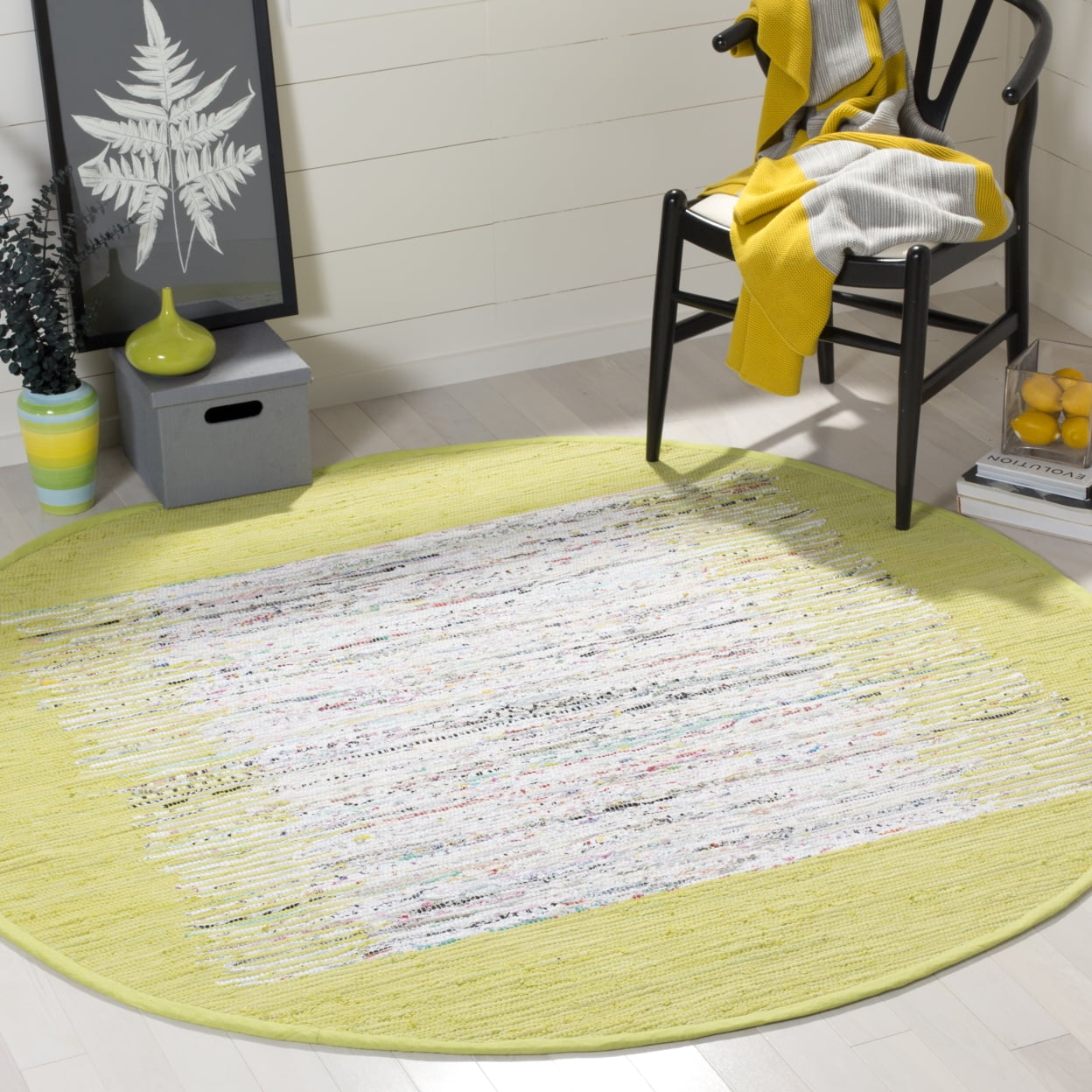SAFAVIEH Montauk Tennyson Braided Border Cotton Runner Rug, Ivory/Citron, 2'3" x 7'