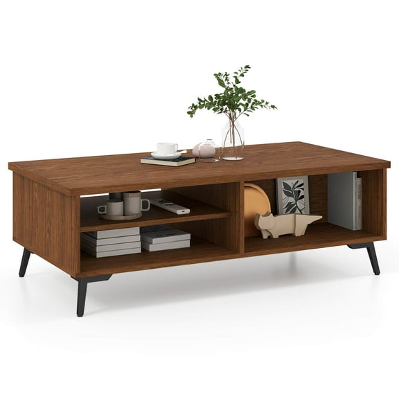 Costway 2-Tier Rectangular Center Table with Storage Shelves & Compartments for Living Room Brown