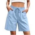 thumbnail image 3 of Women's Cotton Loose Fit Casual Shorts with Pockets Elastic Waist Drawstring Comfy Soft Stretchy Summer Lounge Athletic Gym Outdoor Everyday Womens | VerBelle,Light Blue S, 3 of 7