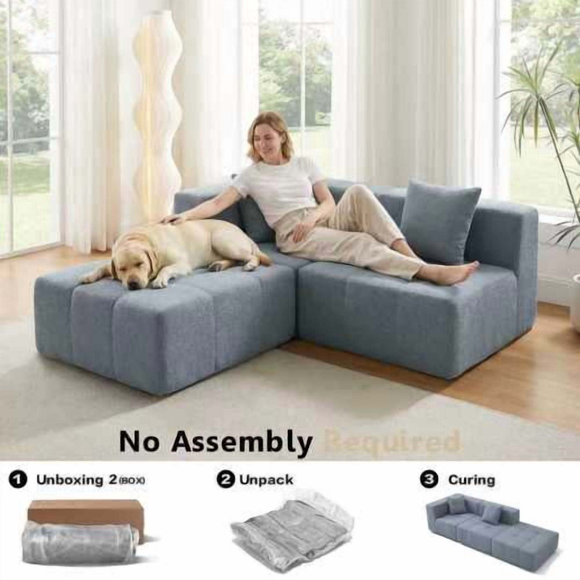 Howcool 106" Boneless Cloud Couch, U-Shaped Modular Compression Sofa Bed, Foldable Floor Sofa with Deep Seat, Foam Couch No Assembly, 3 Seater, Grey