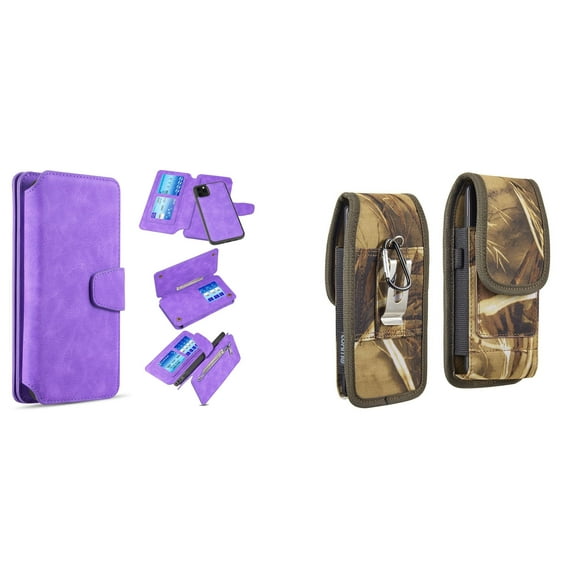 Clutch Wallet Detachable Case and Belt Holster Pouch for iPhone 14 Plus (Purple/Camo)