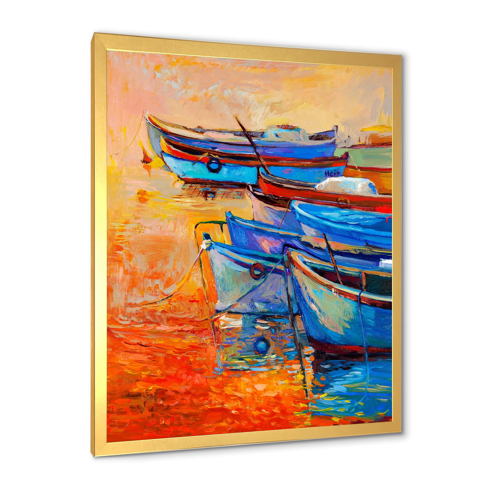 Designart 'Boats During Warm Sunset Resting On The Water VIII' Nautical & Coastal Framed Art Print