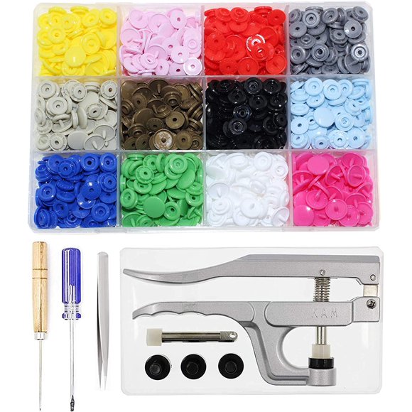 Boutons-pression KAM + Pinces à Pression, Trousse de Démarrage de Fixations, 384 Ensembles 12 Couleurs, Taille 20 T5 Fixations en Plastique KAM à Pression Poppers de Perçage Fermetures Boutons Sans Couture pour Artisanat Vêtements