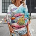 thumbnail image 3 of Watercolor Coral Reef Women's V-Neck Blouse With 3/4 Ruffled Bell Sleeves Casual Top Ladies Blouses, 3 of 7