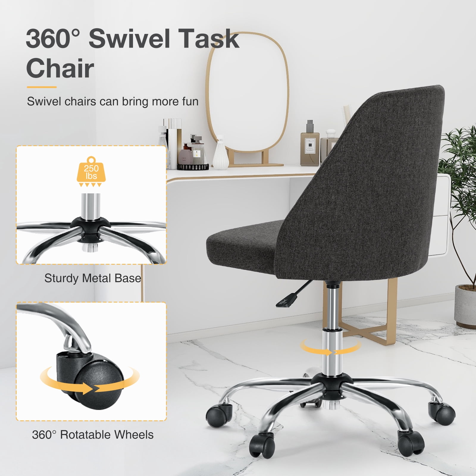 JOINSUN Mid-Back Vanity Chair, Adjustable Rolling Chair, Armless Modern Design for Home Office, Makeup & Small Spaces - Light Gray