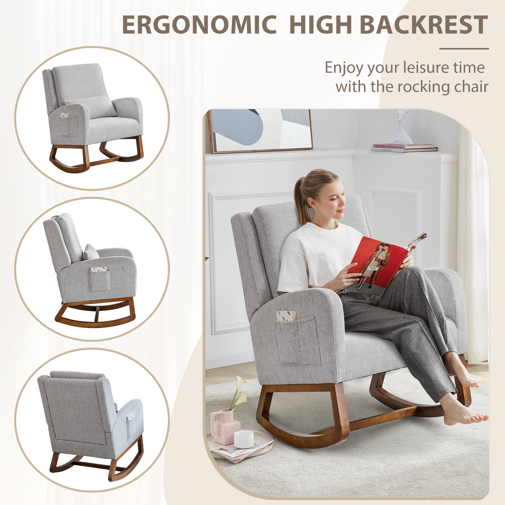 Nursery Rocking Chair, Indoor Upholstered Rocking Chair for Living Room, Modern Glider Rocker Chair w/Pillow, High Back Padded Seat Side Armchair (Grey)