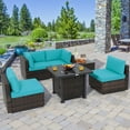 thumbnail image 3 of Topbuy 6 Piece Patio Wicker Conversation Set,Outdoor Rattan Sofa Set w/32" Propane Fire Pit Table,50,000 BTU Heat,Tempered Glass Tabletop Turquoise, 3 of 10