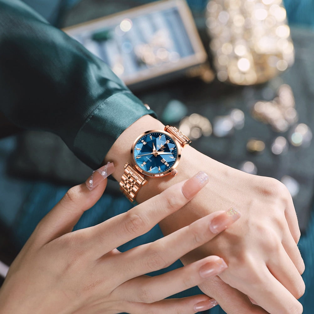 OLEVS Women Watch Fashion Rose Gold Diamond Analog Quartz Female Watch for Women Luxury Dress Ladies Stainless Steel Luminous Waterproof Date Wrist Watches Blue Dial