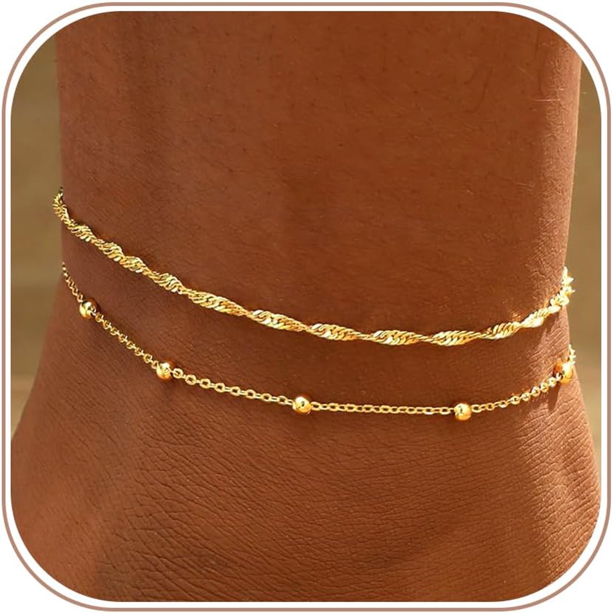 2/3 PCS Gold Anklets for Women Waterproof Cuban Link Anklet Beaded Bracelets Stackable Bracelets 14K Gold Plated Custom Jewelry Gifts Non Tarnish Lightweight