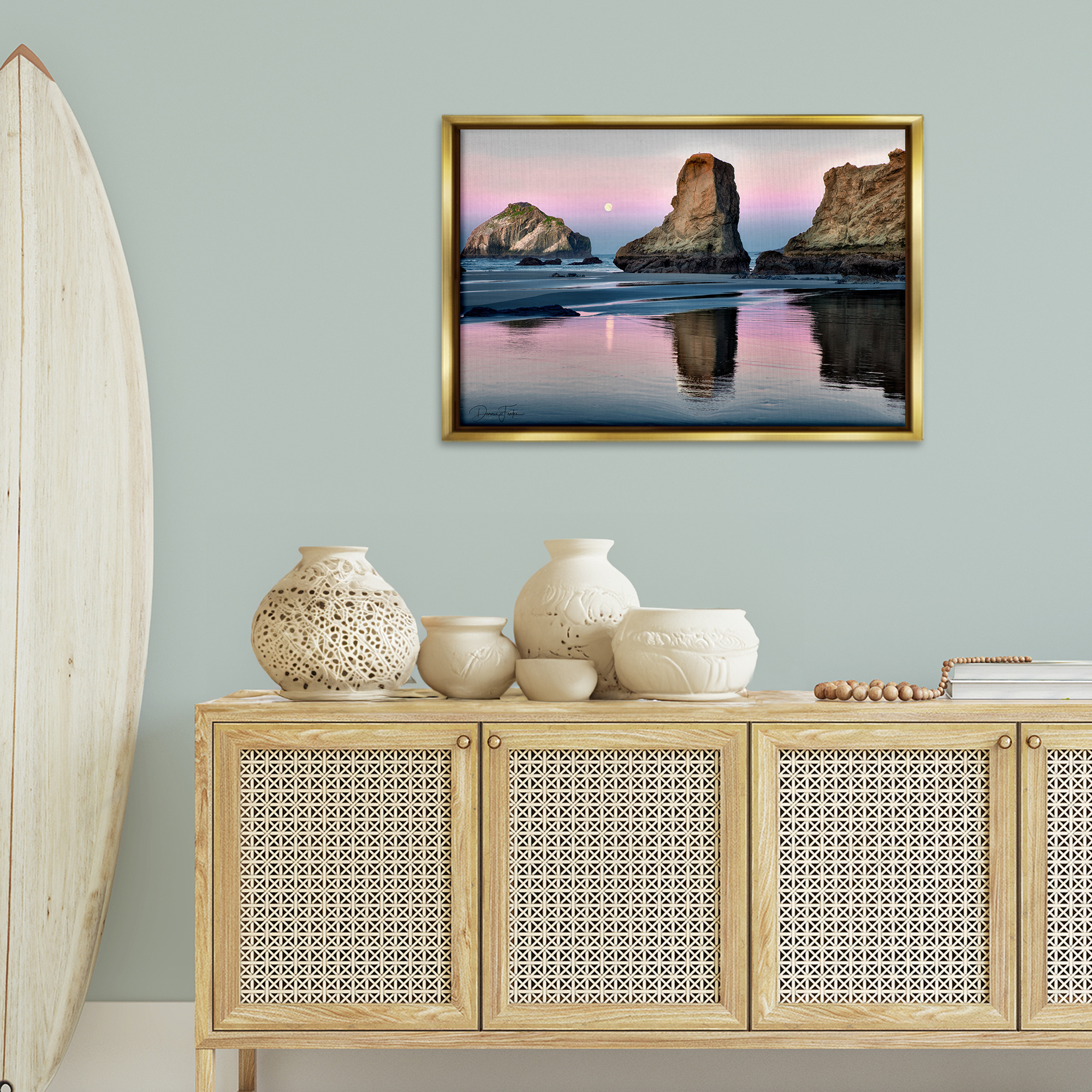 Stupell Industries Moonlit Beach Cliffs Landscape Photography Gold Floater Framed Canvas Art Print Wall Art, 31 x 21