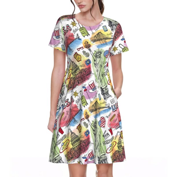 Disketp America Landmarks1 para Vestido de Manga Corta para Mujeres, Vestidos de Verano para Mujeres, Casual y Holgado para la Playa