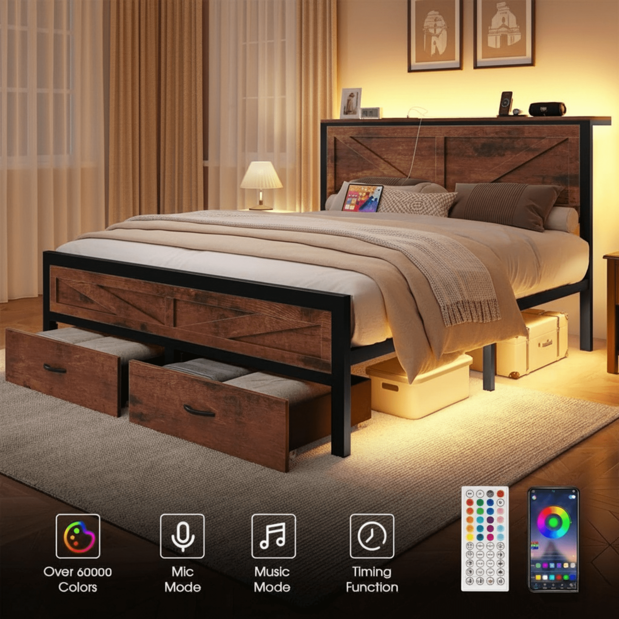 Queen Size Bed Frame with Storage Drawers & Barn Door Headboard, Industrial Farmhouse Platform Bed with LED Lights & Charging Station, No Box Spring Needed (Brown)