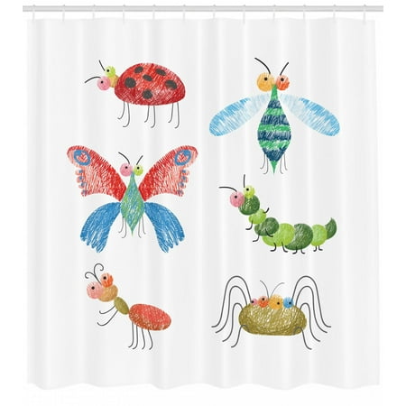 Shower Pencils - Animals Shower Curtain, Hand Drawn Bugs with Pencil Marks Ladybug Caterpillar and Butterfly Composition, Fabric Bathroom Set with Hooks, 69W X 75L Inches Long, Multicolor, by Ambesonne