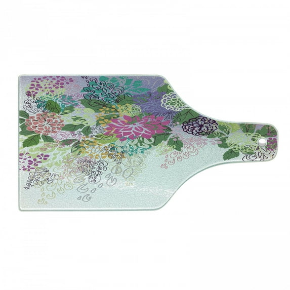 Flower Cutting Board, Hand Drawn Style Graphic Floral Print Nature Inspiration Vintage Old Bohemian, Decorative Tempered Glass Cutting and Serving Board, Wine Bottle Shape, White Violet, by Ambesonne
