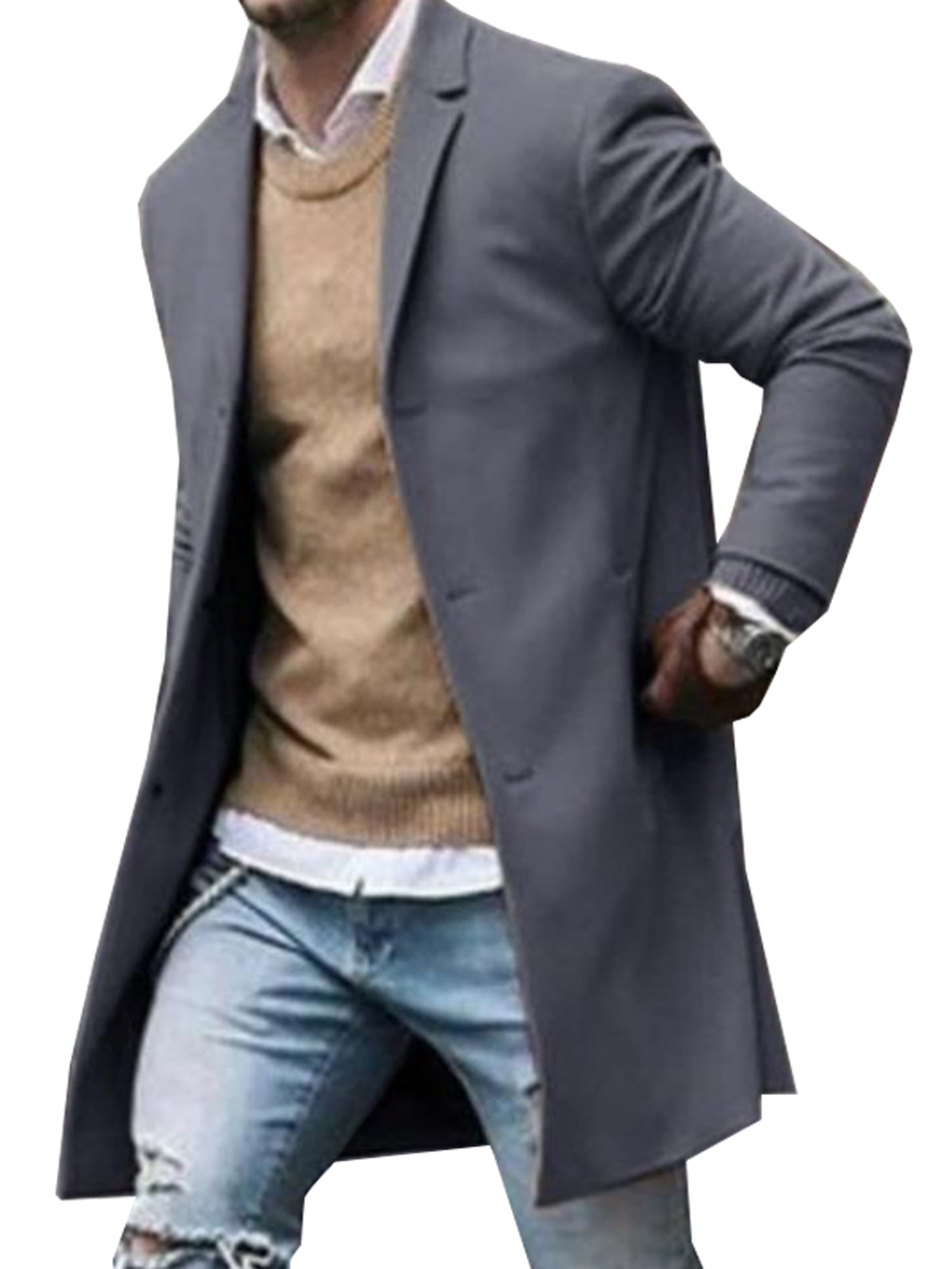 Mens Wool Coat Winter Trench Coat Outwear Overcoat Long Sleeve Button Up Jacket