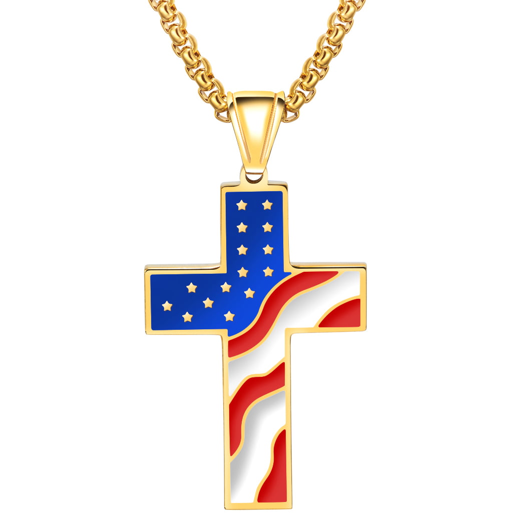 Mens Stainless-Steel Cross-Scripture-Shield Pendant Necklace USA-Flag Patriot Jewelry Chain 21.7 inch