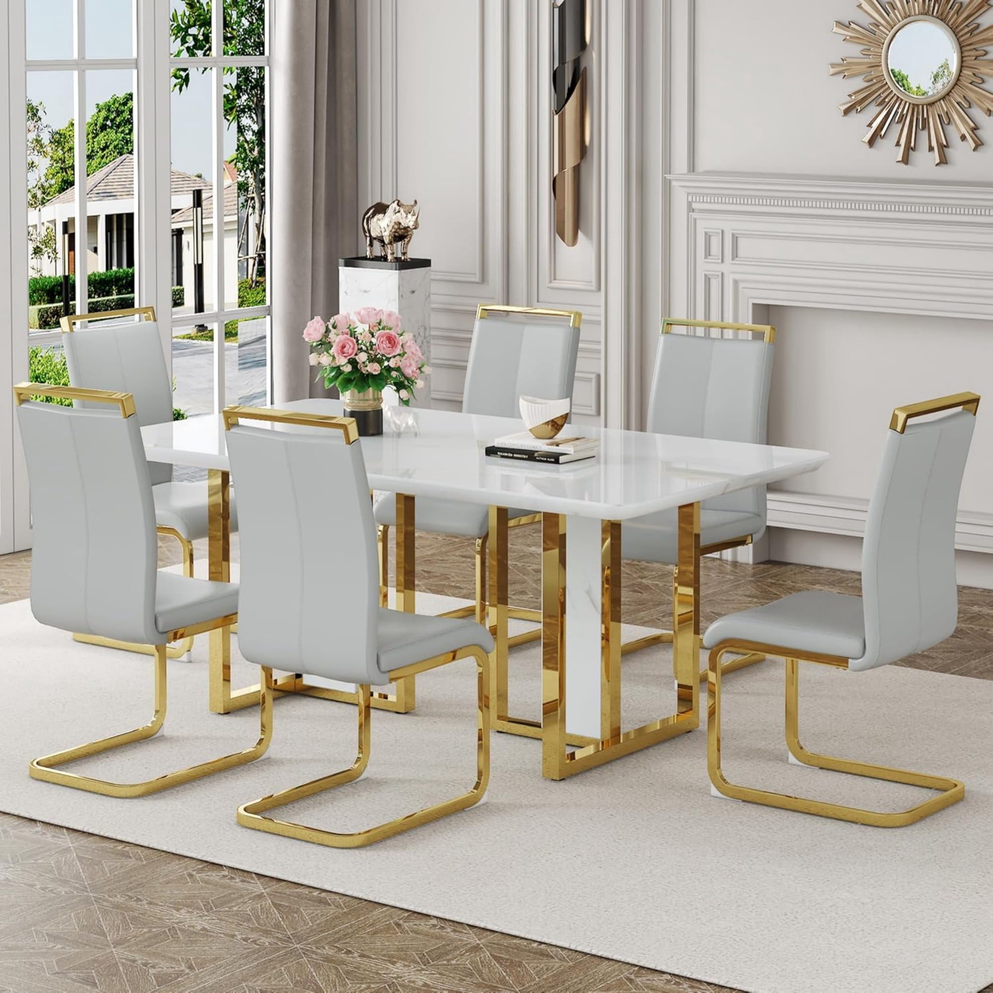 SUDICA Modern Light Grey Faux Leather Dining Chairs Set of 4, High Back Upholstered Seats with Gold Metal Legs for Dining Room