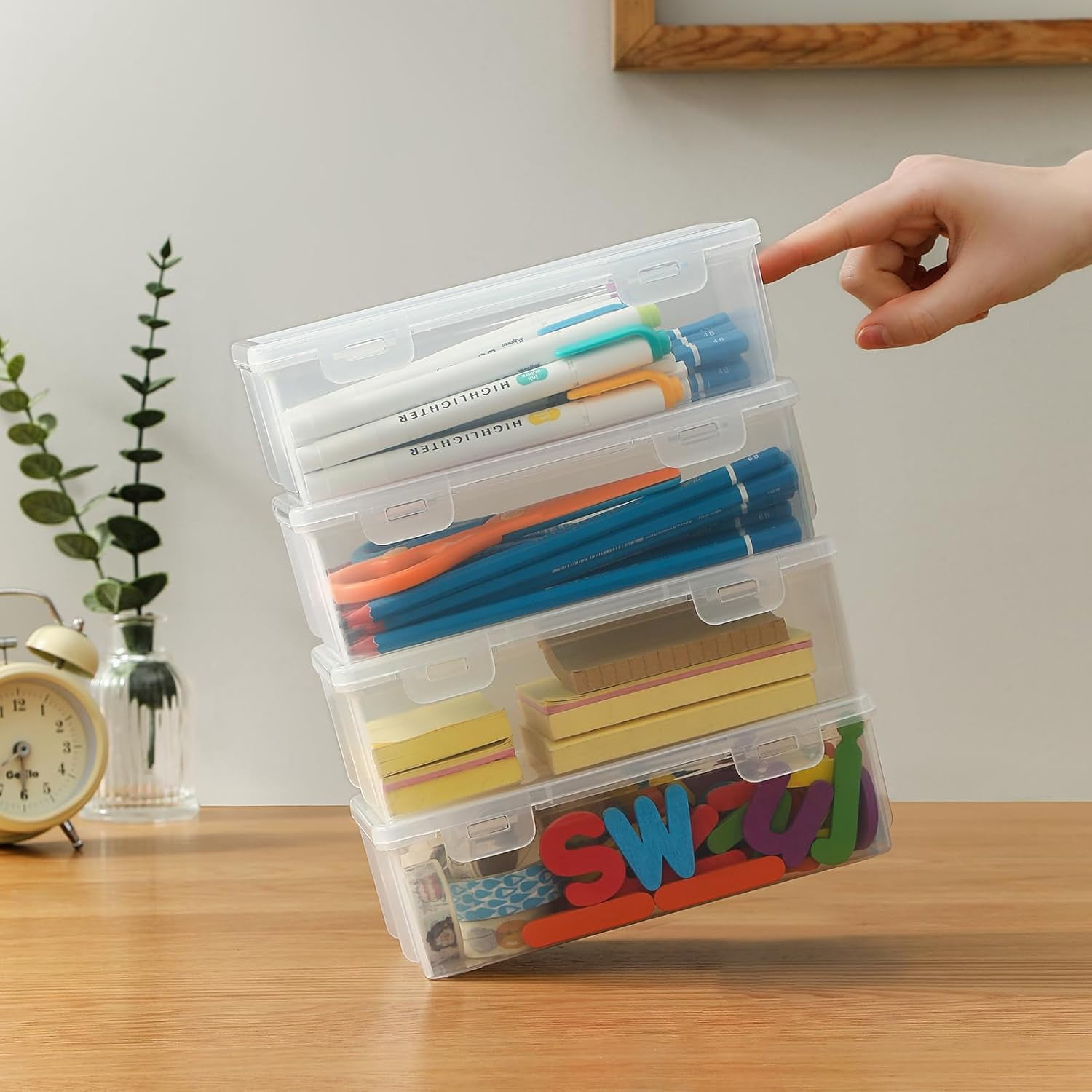 Uiz Merueh Large Capacity Clear Pencil Case, Plastic Pencil Boxes Stackable Design, Supply Boxes for K+ids B+oys S+chool Classroom,1 Pack
