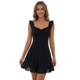 thumbnail image 2 of Vestido corto de verano para mujer, color liso, ribete de encaje, mangas acampanadas, escote en V, corte en A., 2 of 9