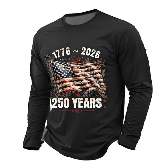 FINALGANG Mens Long Sleeve American 250th Anniversary TShirts American Flag Print Casual Crewneck Tees For Independence Day Celebration Daily Wear Black L