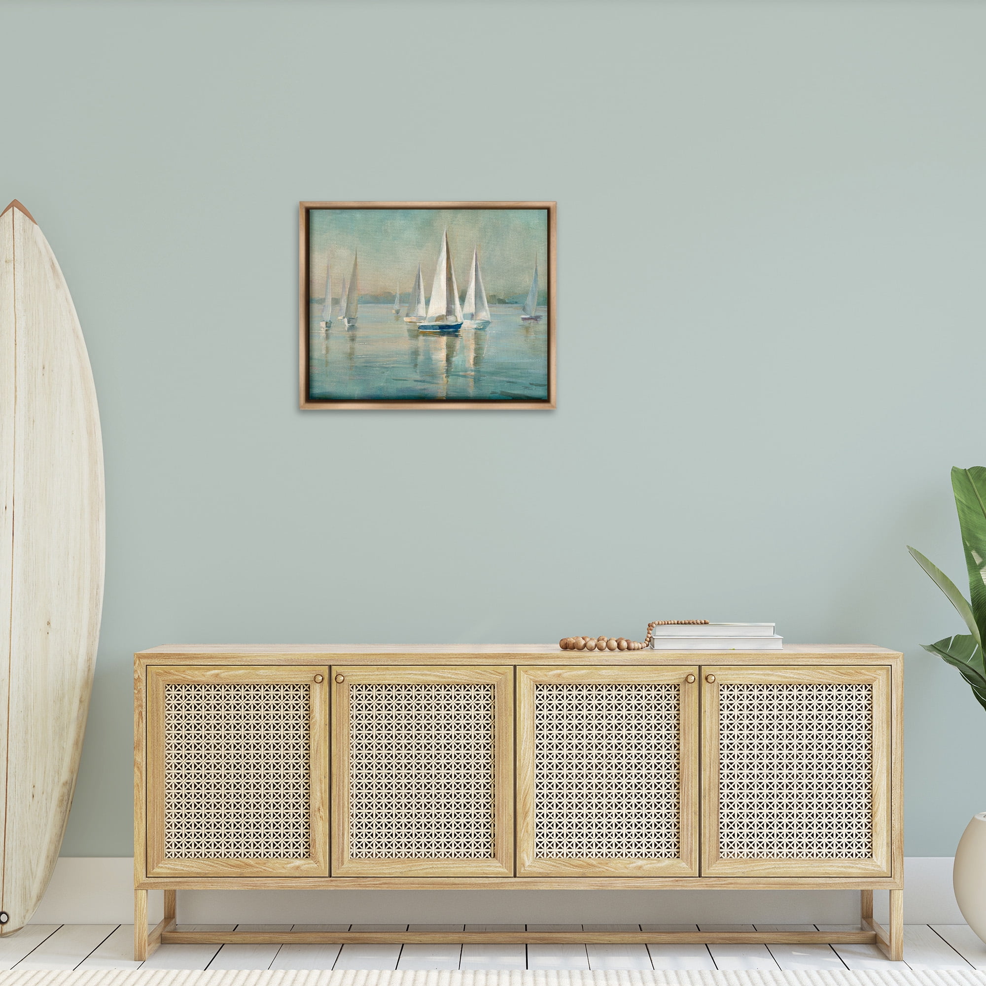 Stupell Industries Traditional Sailboats Water Lake Relaxed Nature Painting Brown Floater Framed Canvas Art Print Wall Art, 31 x 25