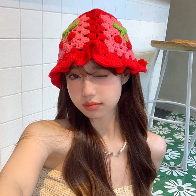 vnanda Traveling Bucket Hat Stylish Cherry Crochet Bucket