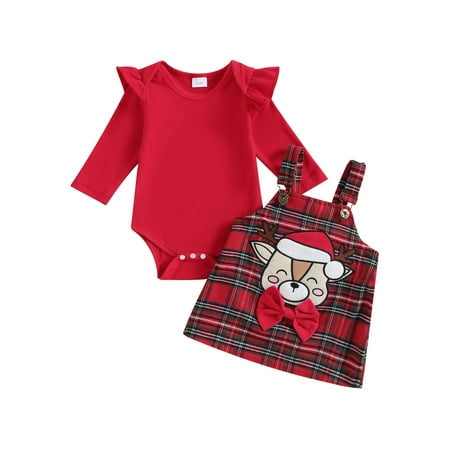 

Co.MMehjri Baby Girl Christmas Outfits 0-18M Infant Solid Color Long Sleeve Rompers Deer Patch Plaid Suspender Skirts Newborn 2Pcs Clothes Set