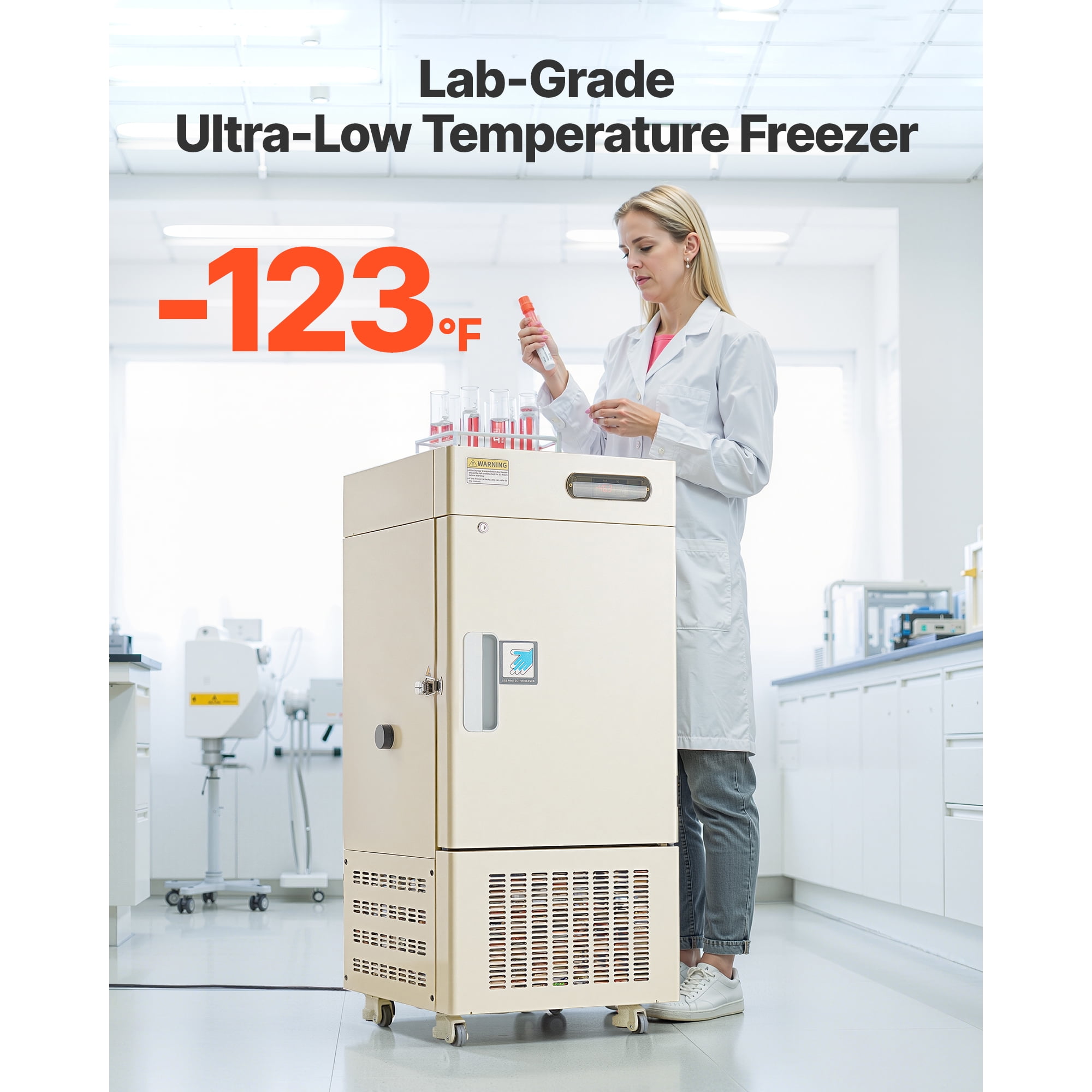 KFFKFF Ultra Low Temperature Freezer, 28 L, Adjustable −40℉ to −123℉ Range, with Rollers and Digital Display, 304 Stainless Steel Interior, Low Temp Freezer for Laboratory Sample Storage