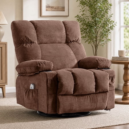 JMYMRY Swivel Rocker Recliner Chair with Vibration Massage and Heating, Cup Holders and Side Pockets, Adjustable Lounge Chair for Living Room, Brown