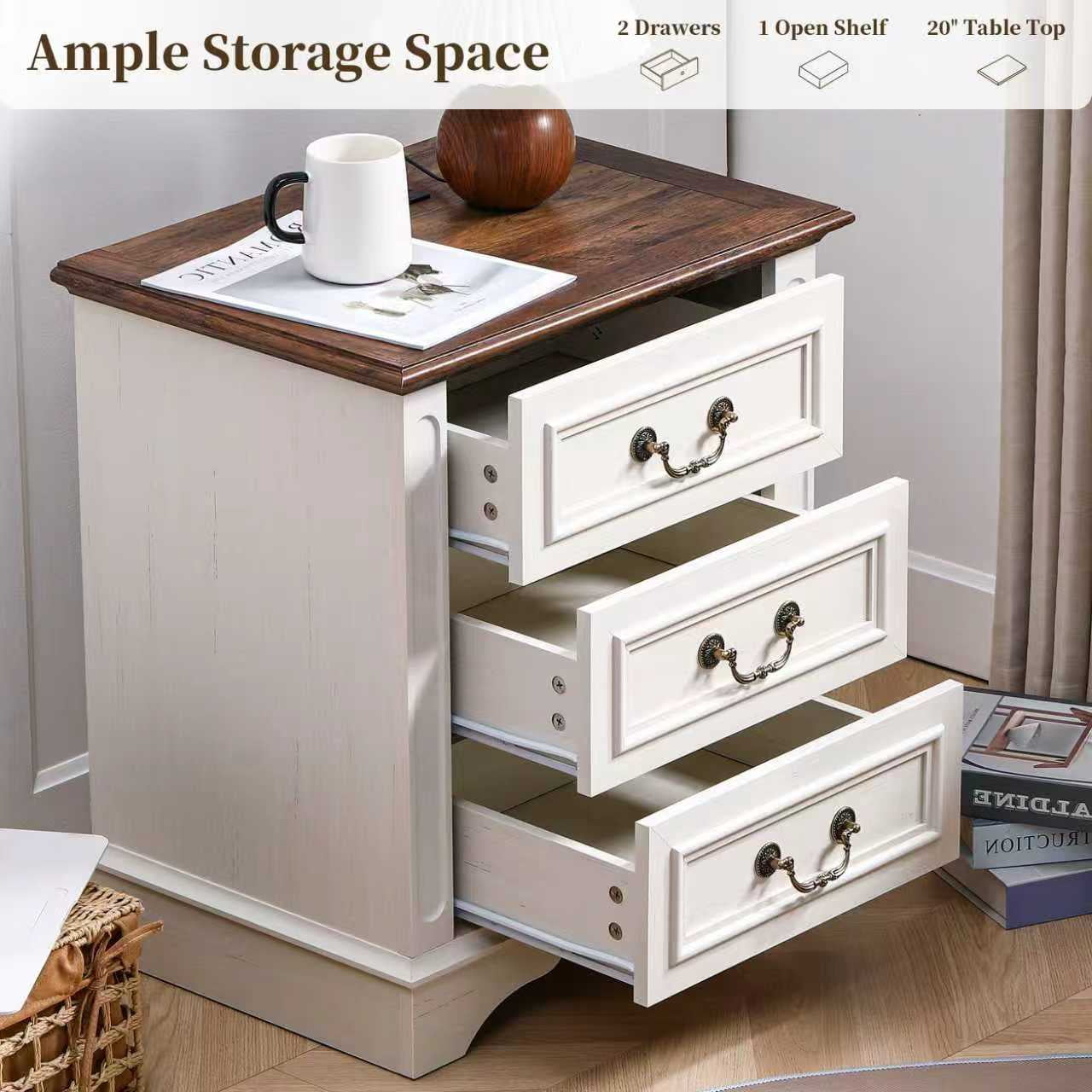 FIAKOA Farmhouse 3 Drawer Nightstand set of 2 for Bedroom, Rustic Bedside Table for Livingroom, White