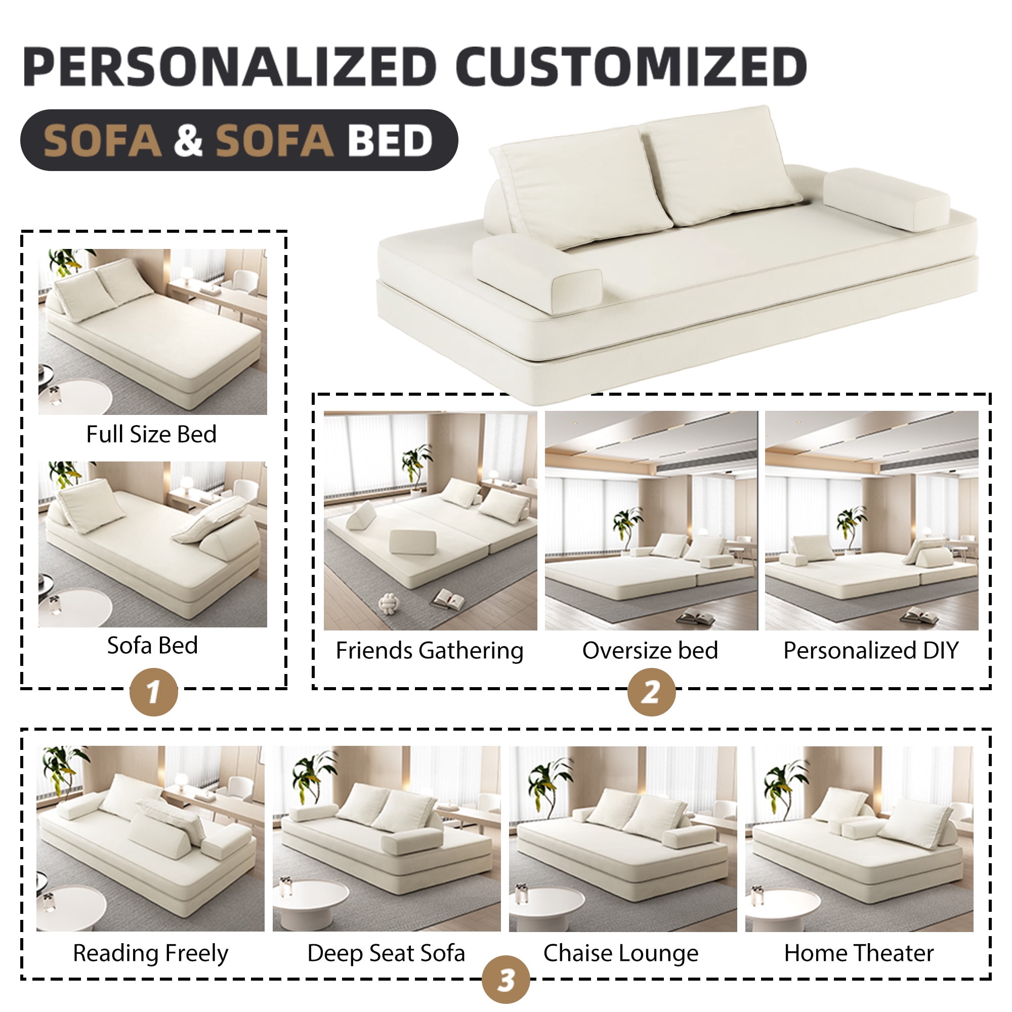 Miniyam Convertible Modular Floor Sofa Bed, Chenille Floor Couch with Backrest for Living Room, Beige
