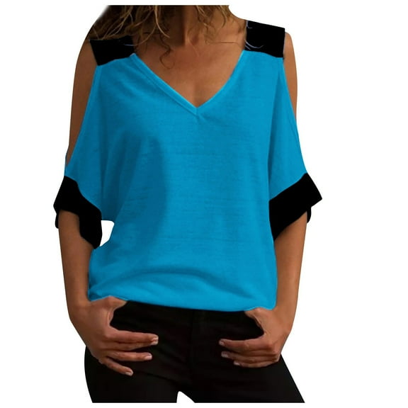 Mittory Women's Cut Out Cold Shoulder T Shirt Color Block Short Sleeve Crewneck Tee Tops Casual Summer Tops