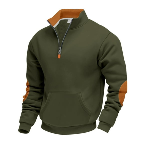 ZCFZJW Tactical Sweatshirts for Men Big and Tall Regular Fit Casual Fall Winter Elbow Patch Long Sleeve Quarter Zip up Stand Collar Pullover Tops Fashion 2025 Outfit Clothes with Pockets Army Green M